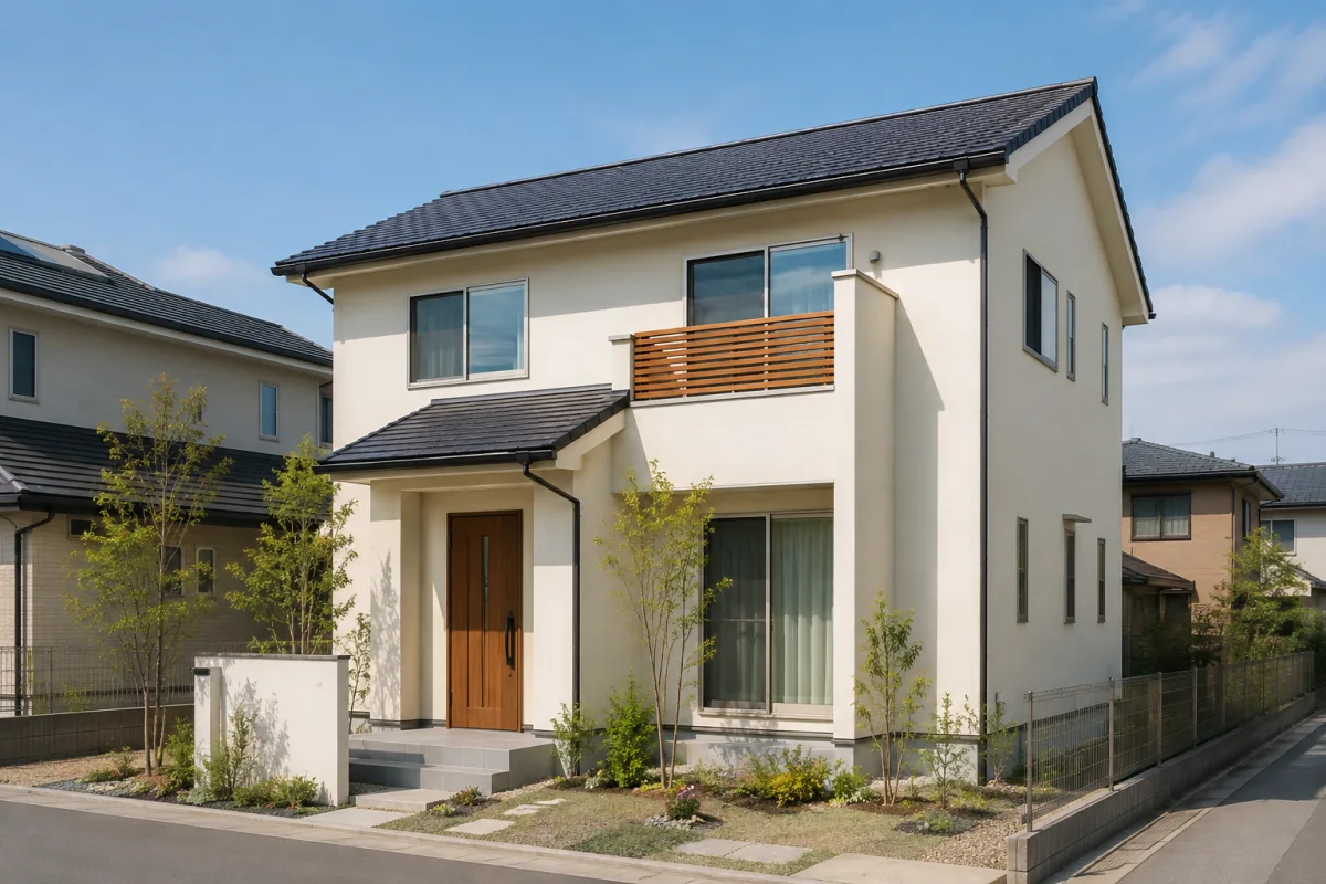 明るいアイボリーの外壁と木の玄関を備えた戸建て住宅の外壁塗装イメージ