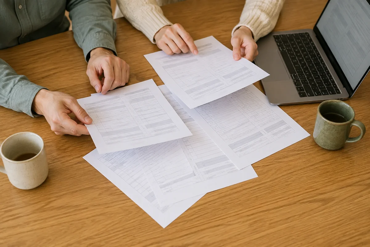 パソコンと複数の見積書を確認し、リフォーム会社を検討する夫婦の手元のイメージ