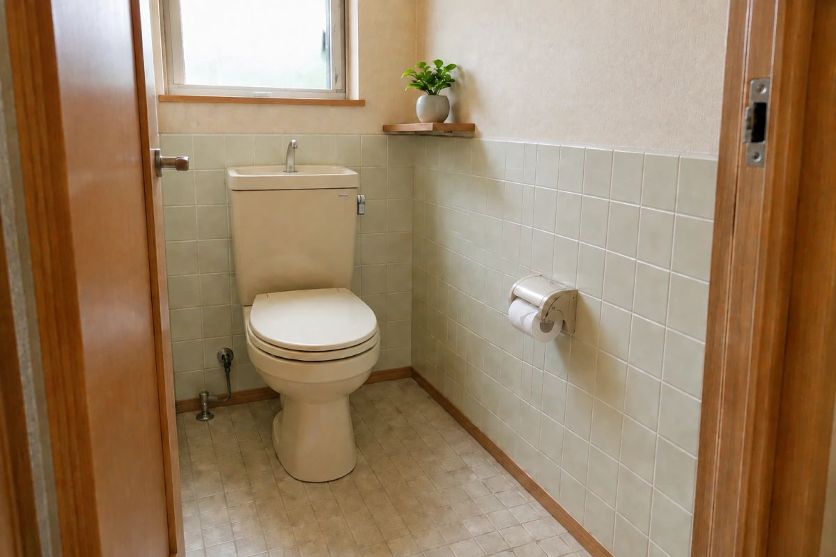 古いタンク付き便器とタイルの内装がある、リフォーム前を想定したトイレのイメージ