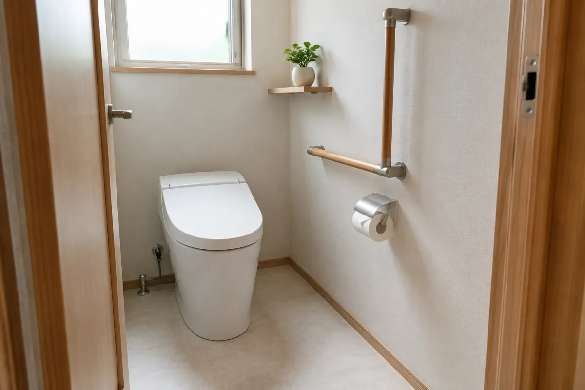 白い便器、手すり、木製棚を備えた清潔感のあるトイレのリフォームイメージ